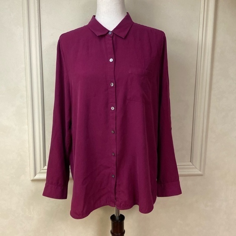 J. JILL Silk Button Up Shirt One Pocket Long Sleeve Collared Burgundy/Maroon